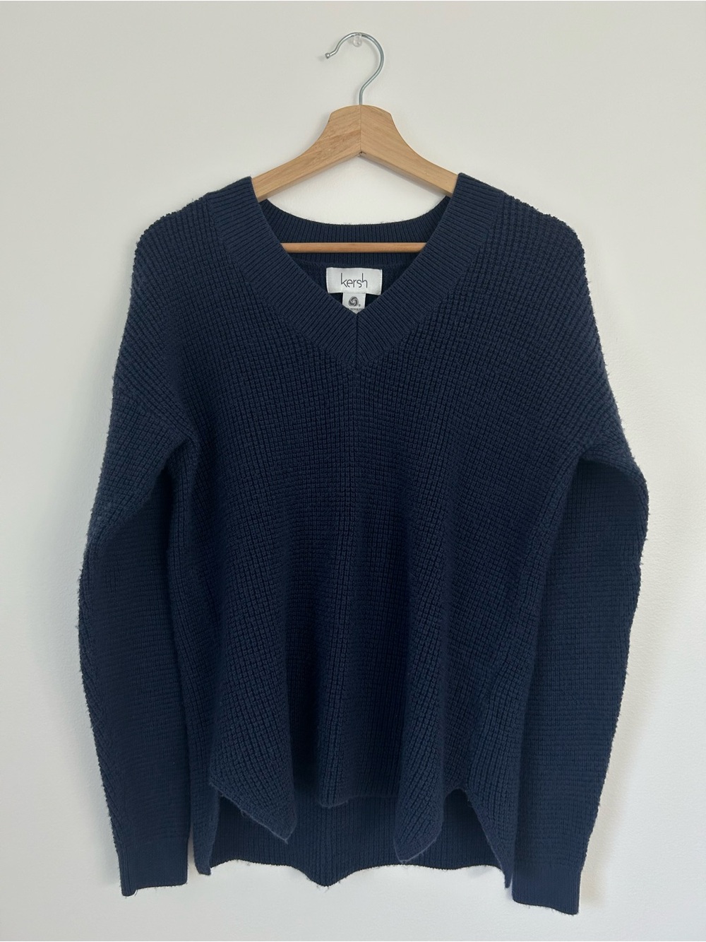 Kersh Merino Wool Blend V-Neck Sweater Navy Blue Size S Split Hem Waffle Knit